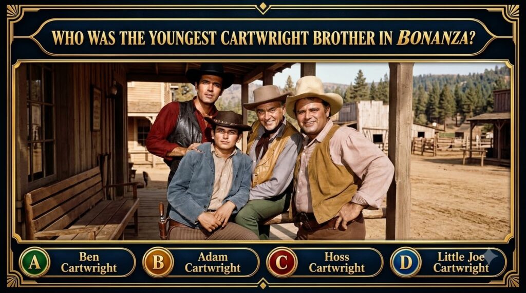 A vintage-style quiz poster for the TV Western Bonanza featuring a framed photo of Ben Adam Hoss and Little Joe Cartwrig