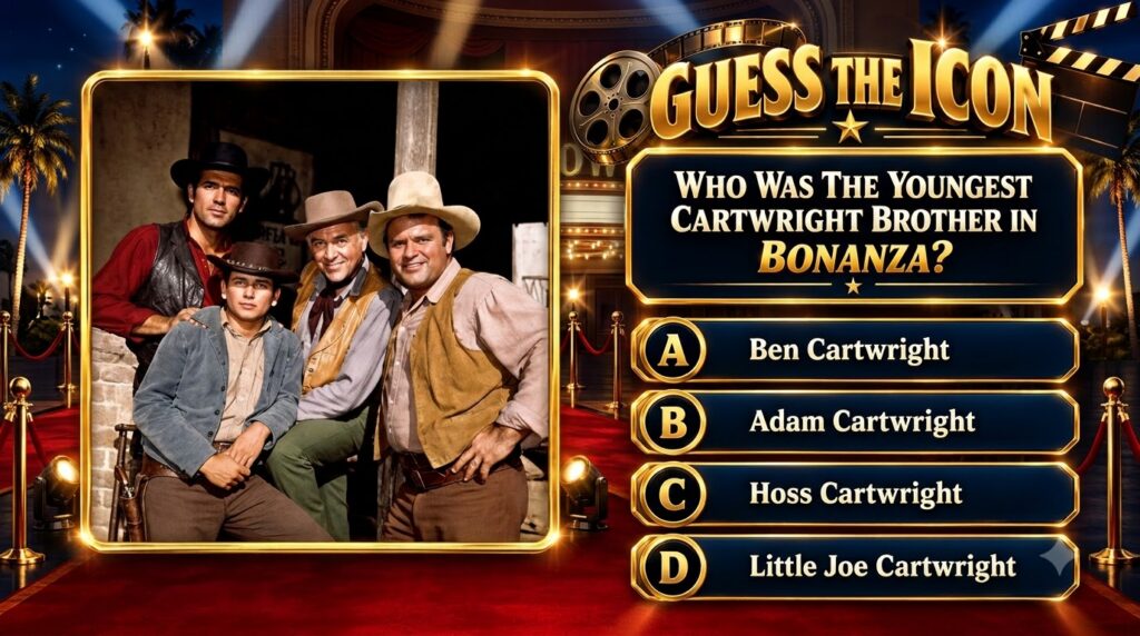A quiz interface with the Guess The Icon theme featuring a classic photo of the four main male cast members from Bonanza