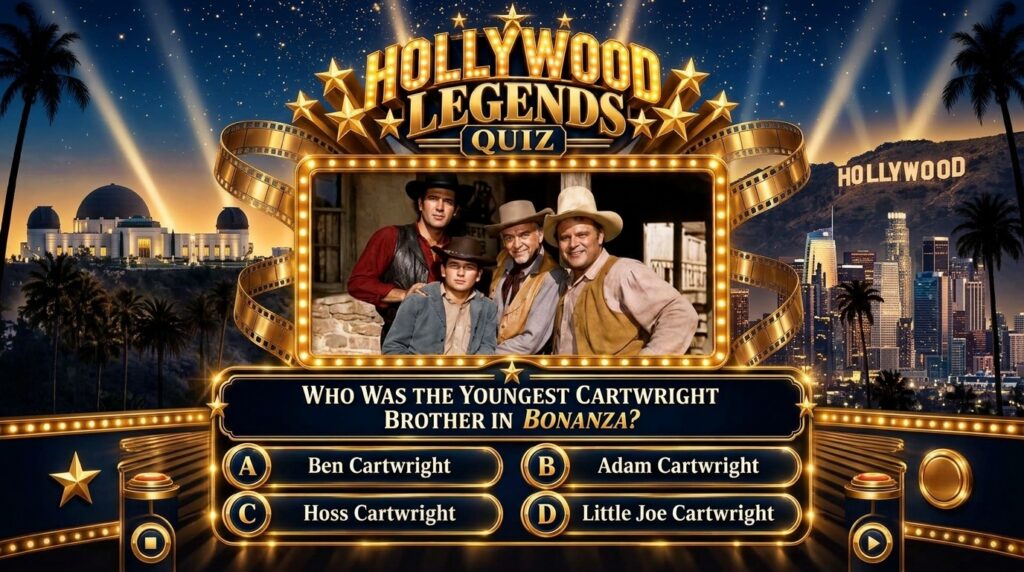 A vintage-style quiz interface for Hollywood Legends Quiz featuring the Cartwright family from Bonanza with a question a