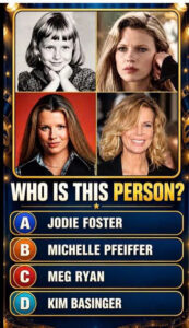 Quiz image showing a 2x2 grid of four photos of Kim Basinger at different ages with the question WHO IS THIS PERSON and 