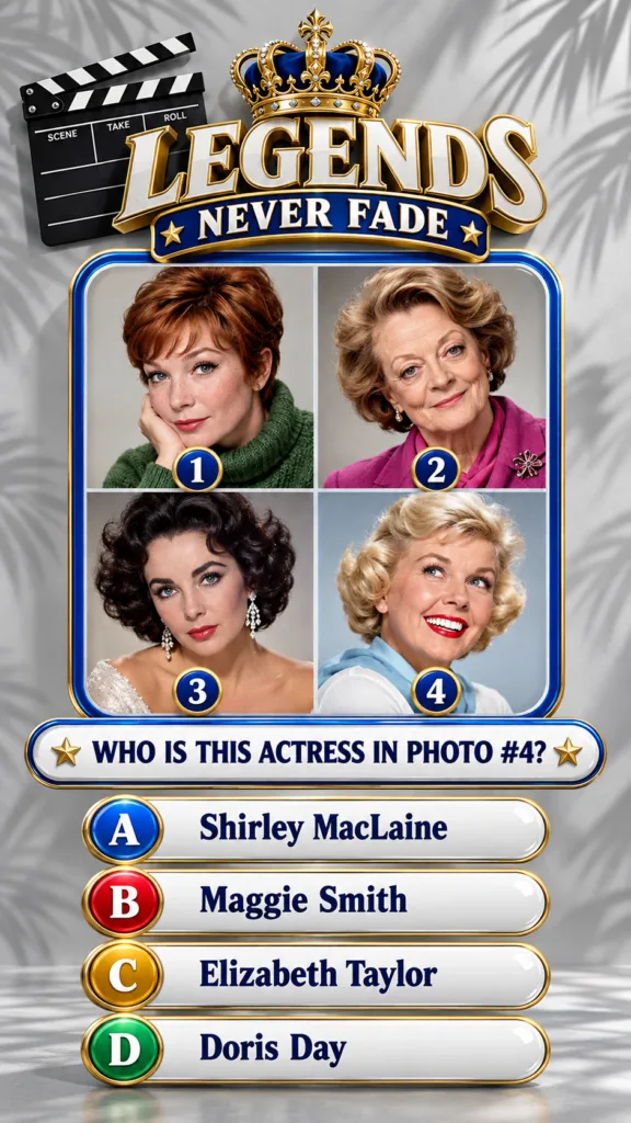 A quiz graphic titled Legends Never Fade featuring a film clapperboard and a grid of four classic actresses headshots Sh