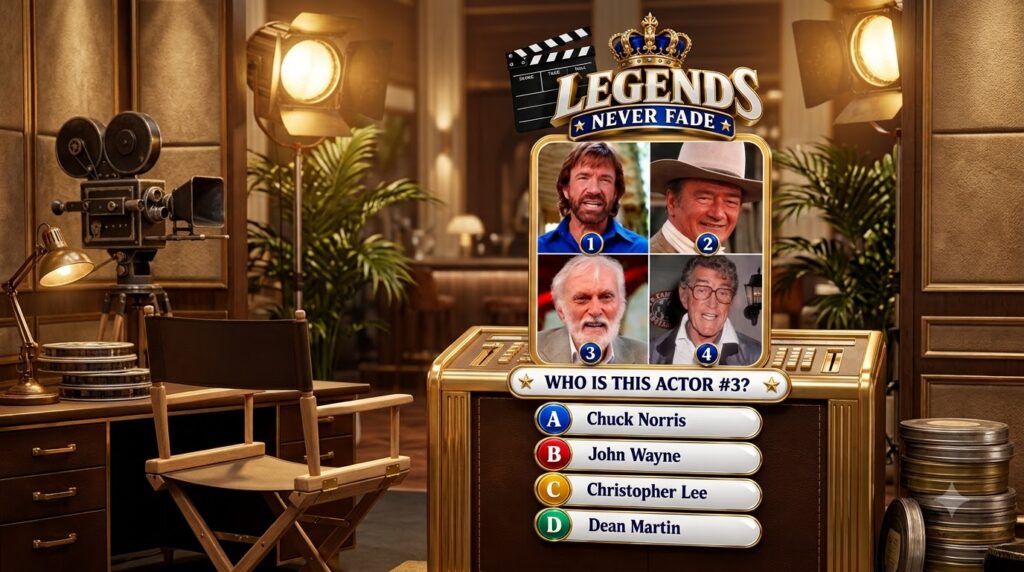 A quiz graphic titled Legends Never Fade with a golden crown and film clapperboard It features headshots of Chuck Norris