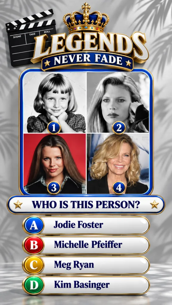 A quiz card with a LEGENDS NEVER FADE logo and a film clapboard featuring a grid of four portrait photographs showing di
