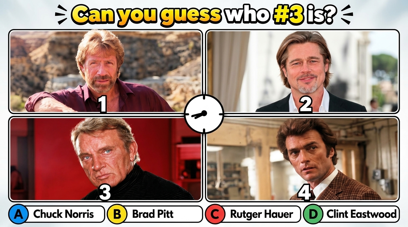 A multiple-choice quiz image with four headshots of famous male actors arranged in a 2x2 grid The central question asks 