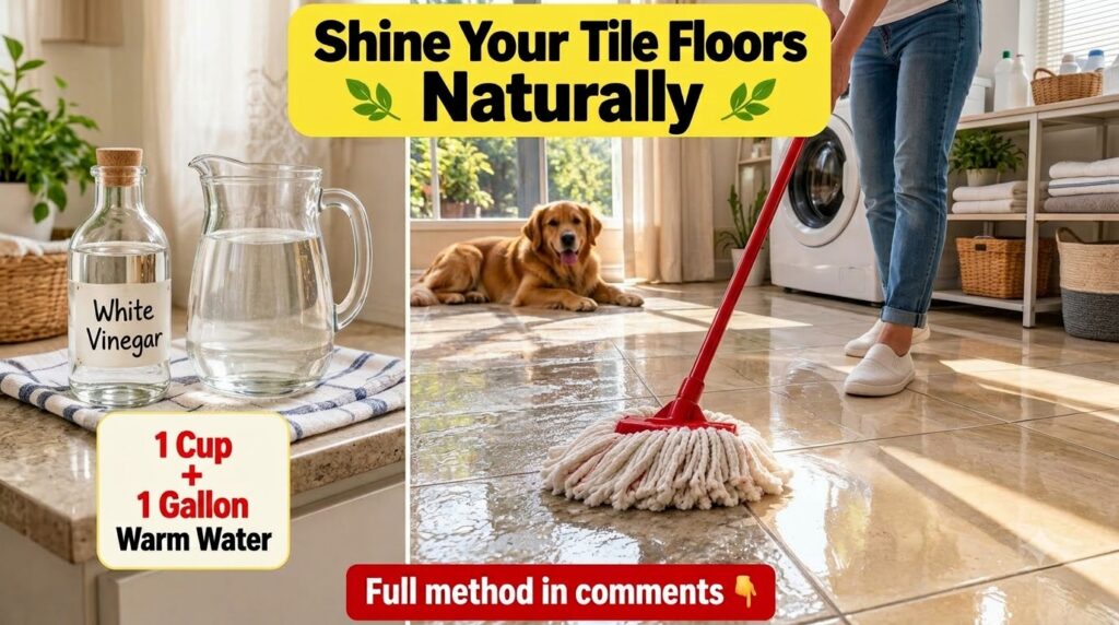 A light brown dog watches curiously as a mop cleans a wet tiled floor in a utility room
