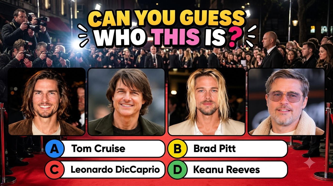 A celebrity multiple-choice quiz image with a composite or AI-generated face of a classic Hollywood actress with four mu