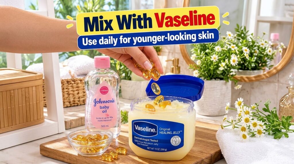 A hand dropping golden vitamin E capsules into a tub of Vaseline Original Healing Jelly on a wooden counter in a bathroo