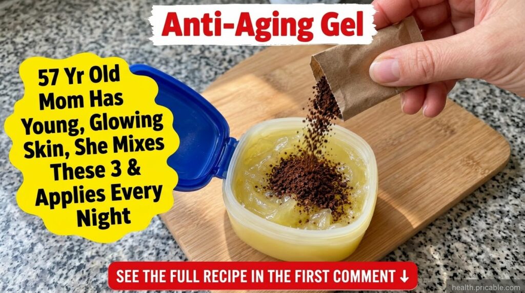 A hand pouring instant coffee powder into a tub of Vaseline illustrating the mixing process for the DIY anti-aging gel