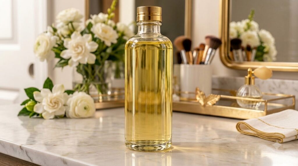 A close-up of hands mixing clear body oil with a hint of scented powder and liquid essence in a small glass bowl surroun