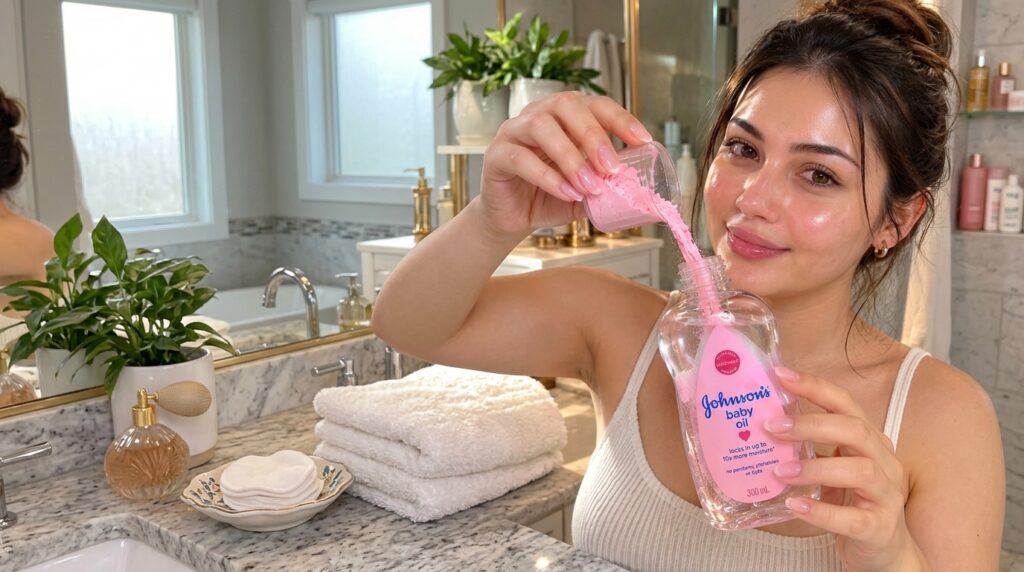 A woman gently pouring fine pink powder into a bottle of Johnson s baby oil with her glowing face slightly visible to th