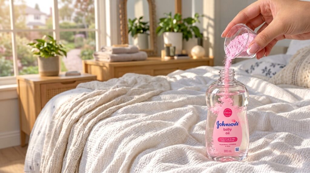 A hand pouring pink powder from a small glass into a bottle of Johnson s Baby Oil set on a white textured blanket with a