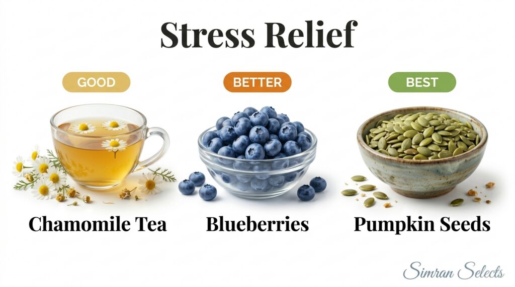 A visual representation of Good Better Best natural stress relievers chamomile tea blueberries and pumpkin seeds arrange