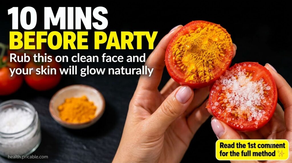 Two halves of a red tomato one covered in turmeric powder and the other in coarse salt held in hands against a dark back