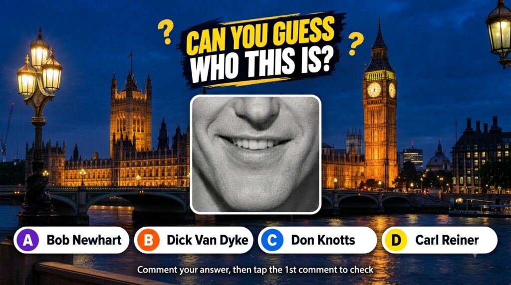 A mobile quiz card showing a man s lower face with a subtle smile question CAN YOU GUESS WHO THIS IS and four answer opt