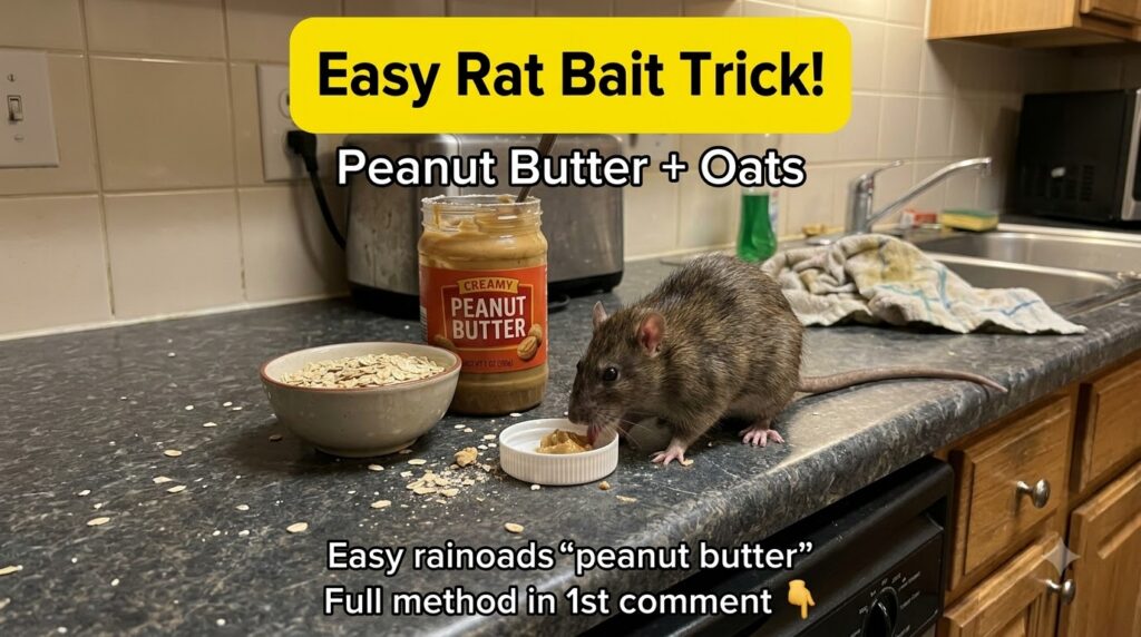 A brown rat eating a paste-like substance from a small white cap on a dark countertop