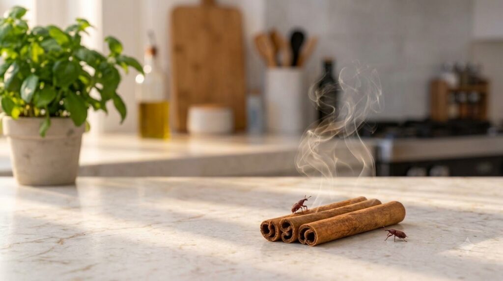 A hand holding a lit cinnamon stick coated with mentholated chest rub producing smoke In the background an unlit cinnamo