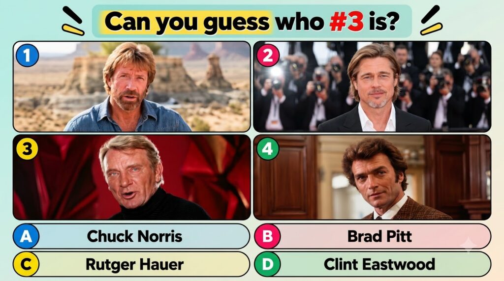 A multiple-choice quiz image showing four male actors Chuck Norris Brad Pitt Rutger Hauer and Clint Eastwood in a 2x2 gr