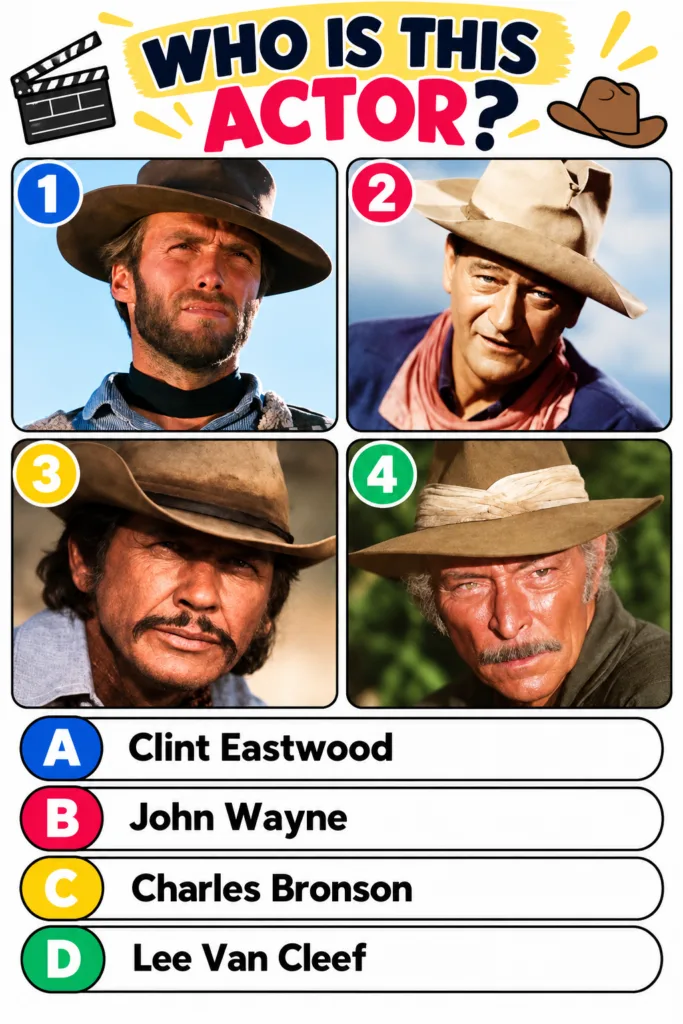 A multiple-choice quiz image featuring four headshots of legendary Western actors arranged in a 2x2 grid One of the acto