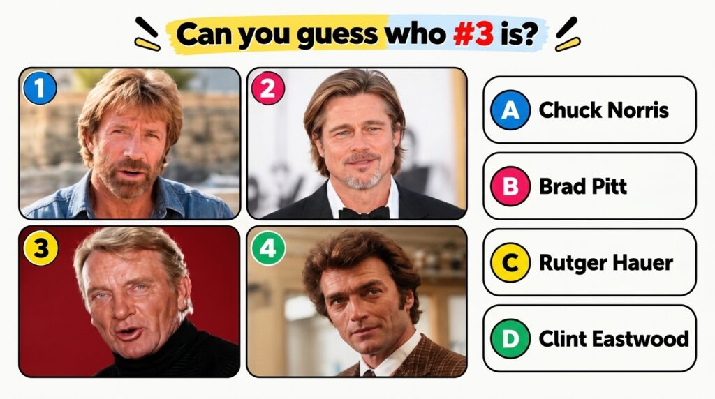 A multiple-choice quiz image showing four headshots of famous male actors in a grid Chuck Norris Brad Pitt Rutger Hauer