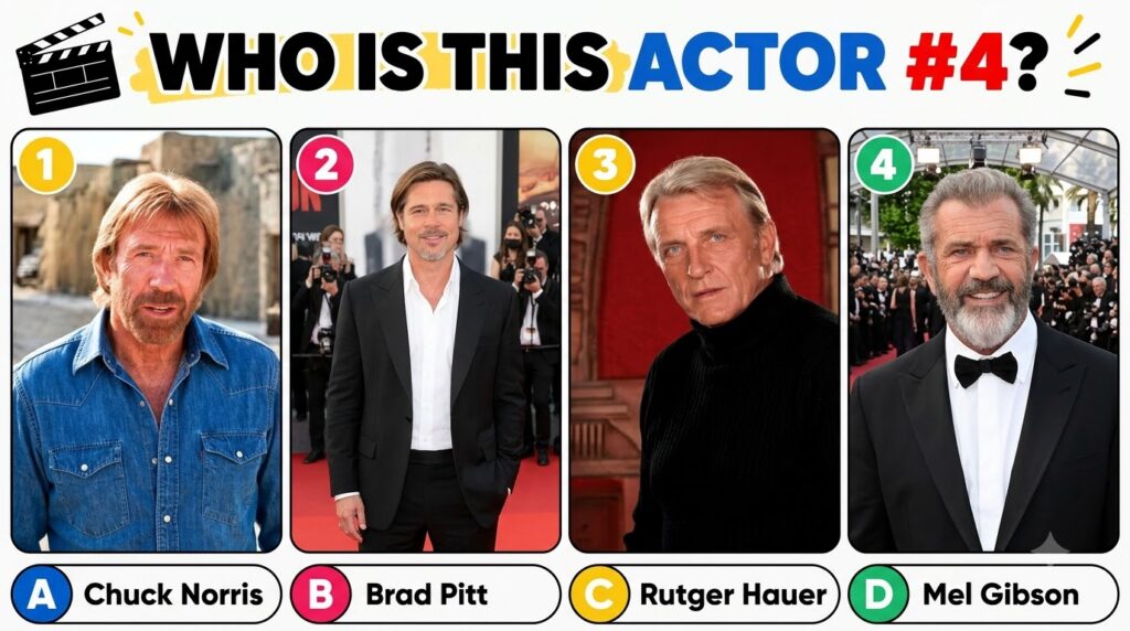 A multiple-choice quiz featuring four headshots of famous male actors Chuck Norris Brad Pitt Rutger Hauer and Mel Gibson