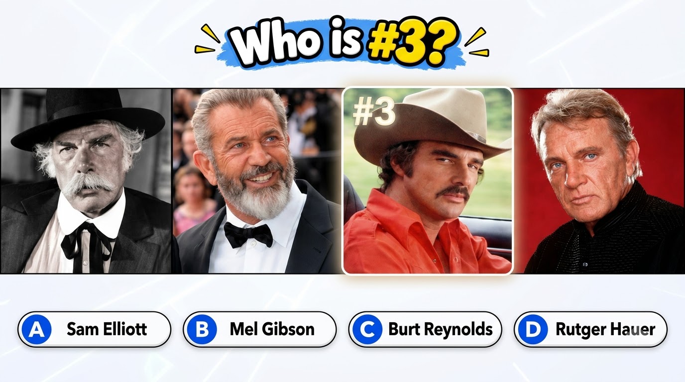 A celebrity multiple-choice quiz showing four male actors portraits and options