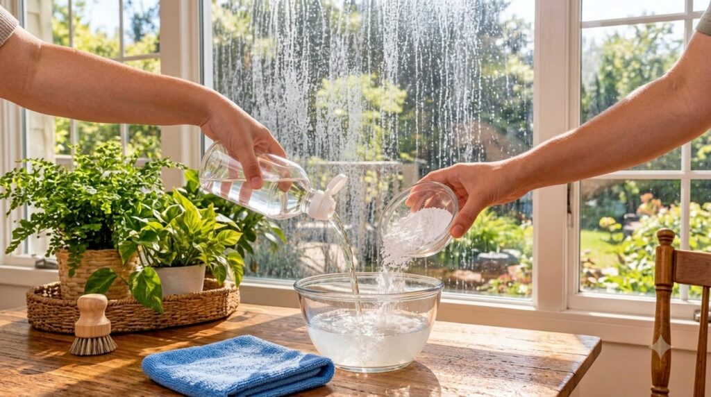 Hands pouring white vinegar and adding cornstarch into a glass bowl with water mixing them to create a cleaning solution