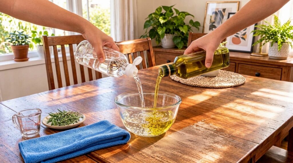 Two hands pouring white vinegar and olive oil into a clear glass bowl on a wooden table