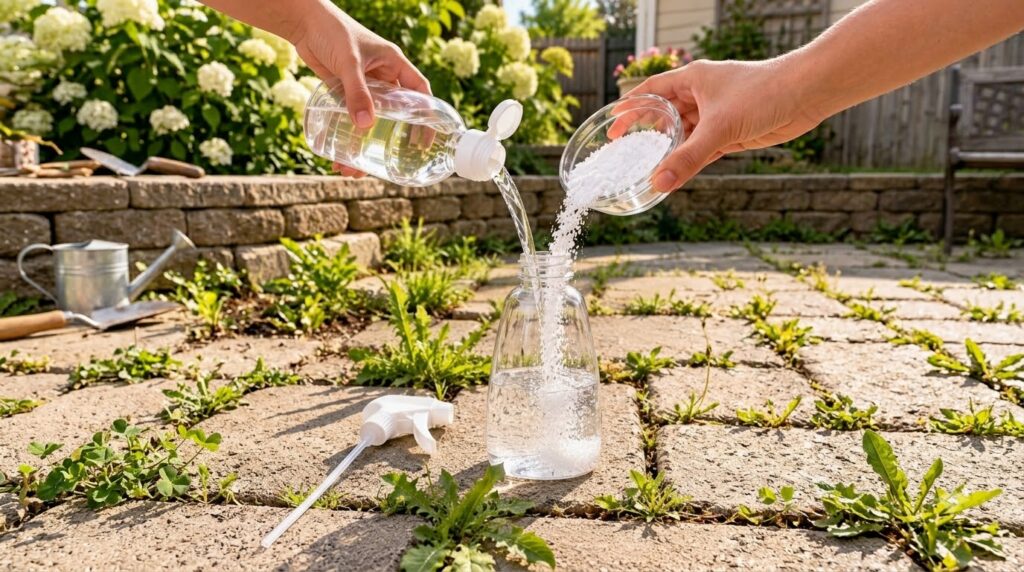Hands mixing white vinegar and granular salt into a clear spray bottle with weeds on a stone patio in the background