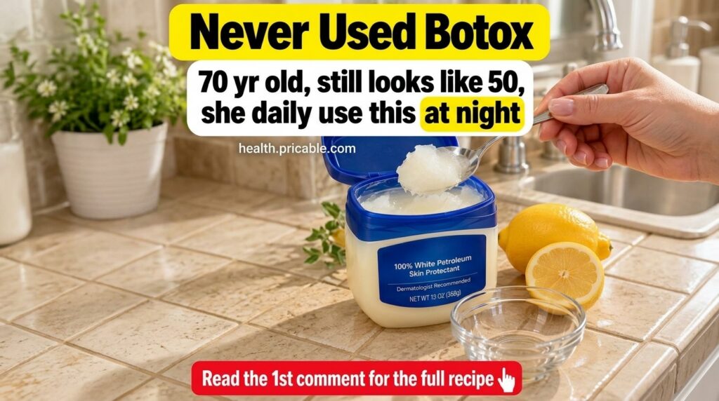 A hand scooping Vaseline from a blue and white jar with a silver spoon placed on a light brown tiled counter next to who
