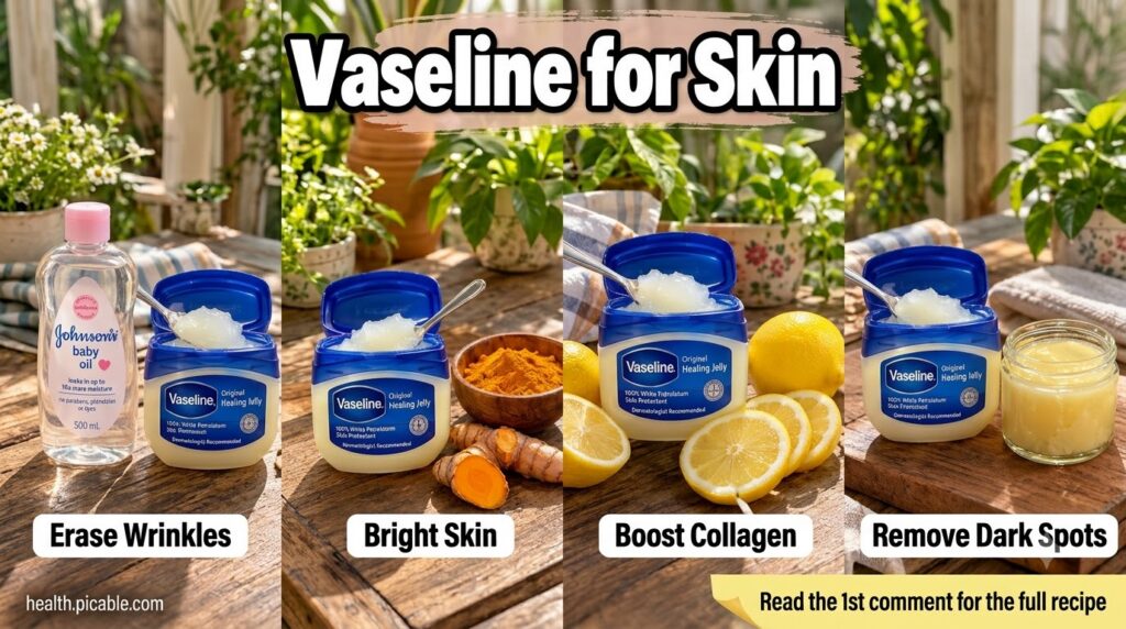 A visually structured grid displaying four different DIY beauty hacks using Vaseline and natural ingredients like baby o