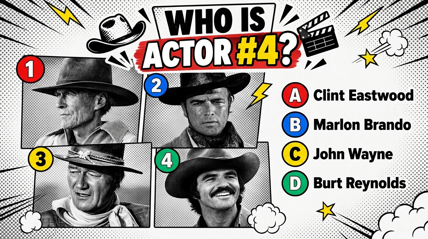A pop-art style quiz graphic asking WHO IS ACTOR 4 showing four black and white portraits of iconic actors in cowboy att