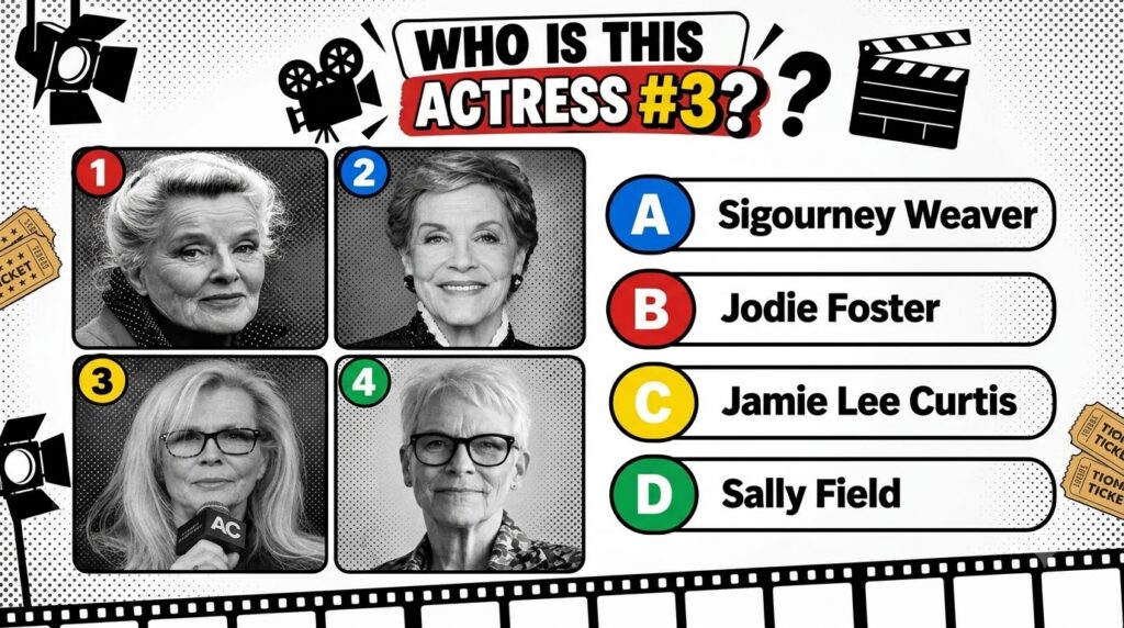 A black and white celebrity quiz image titled WHO IS THIS ACTRESS 3 featuring four headshots of older actresses against 
