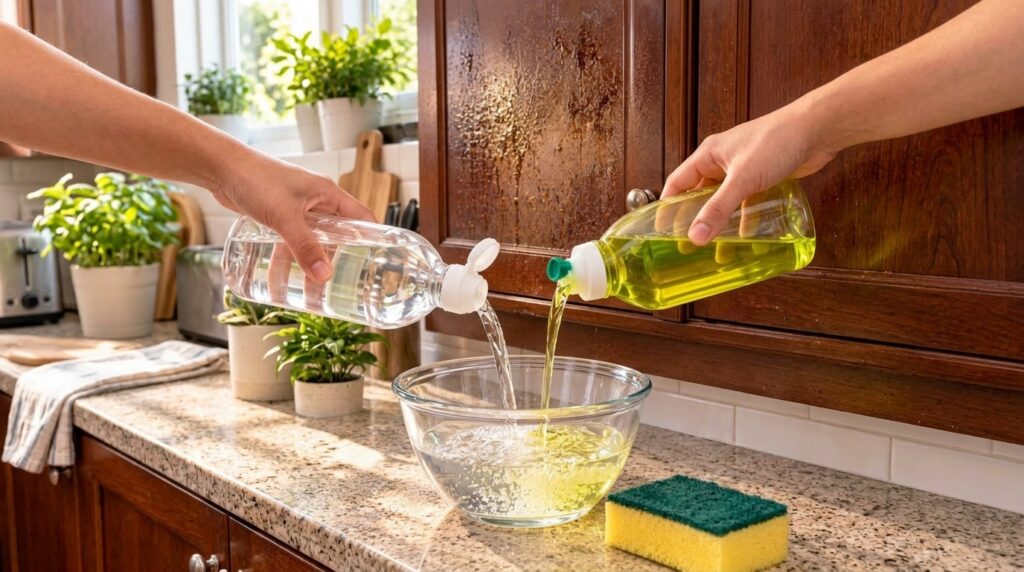Hands pouring clear vinegar and yellow dish soap into a glass bowl creating a cleaning solution