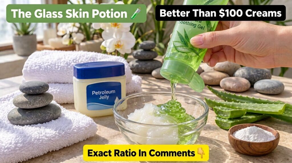 A hand squeezing green aloe vera gel from a tube into a glass bowl with white petroleum jelly on a spa-like neutral back
