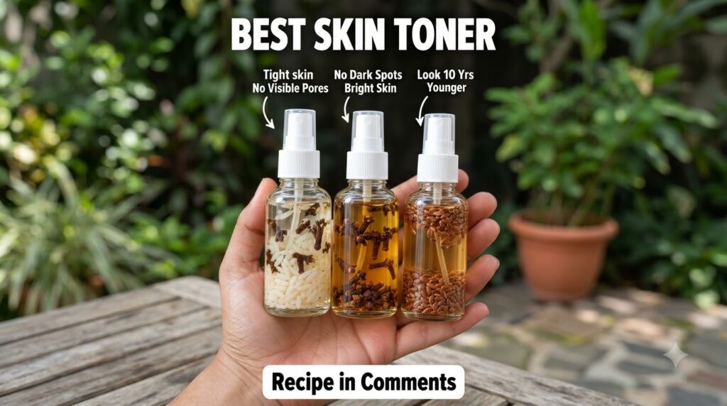 Three small glass spray bottles containing natural ingredients rice cloves flax seeds for DIY skin toners with benefit t