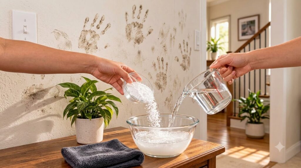 Hands mixing white cornstarch powder and water in a clear glass bowl on a wooden surface with a blurry background of a w