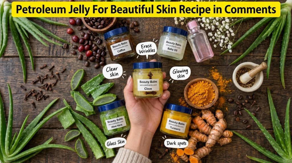A collection of small clear jars with blue caps on a dark wooden surface A hand holds one jar with yellowish substance a