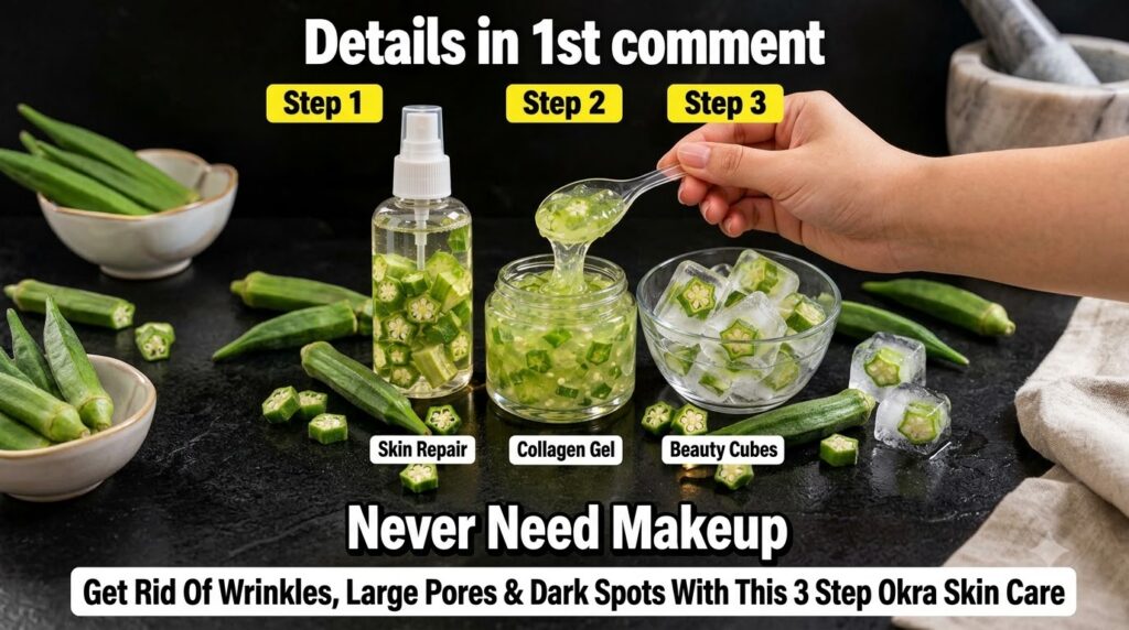 A three-step okra skincare routine laid out horizontally on a dark background The steps are Skin Repair toner in a spray