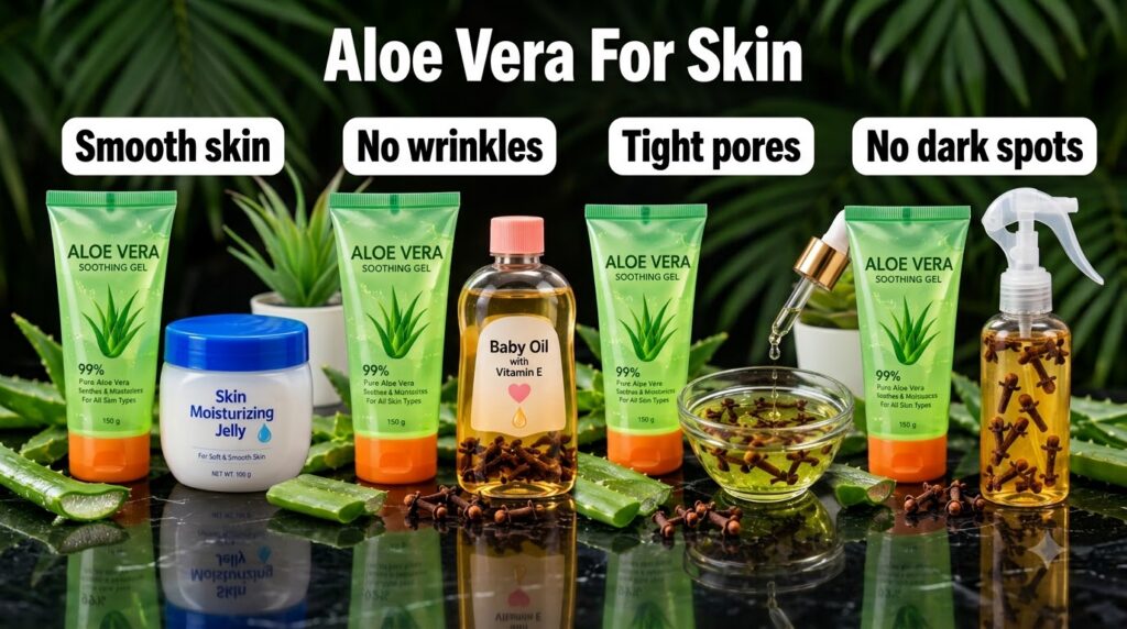 A four-panel grid showing aloe vera gel combined with other skincare ingredients for various benefits Top-left aloe vera