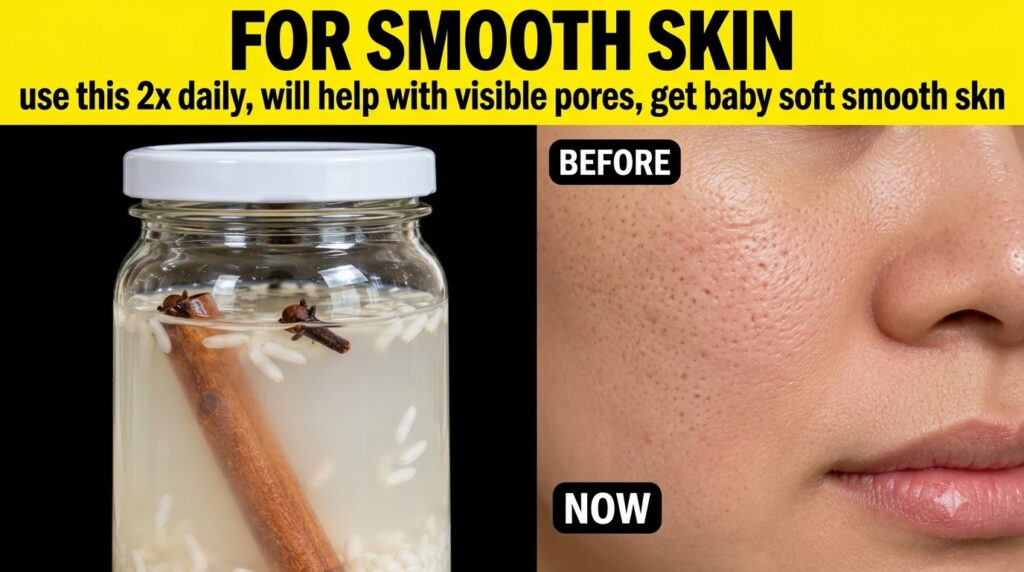 A split image showing a glass jar with rice water rice cinnamon stick and cloves on the left and a Before Now skin compa