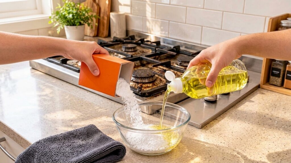 Hands pouring baking soda and dish soap into a bowl with a dirty stovetop in the background