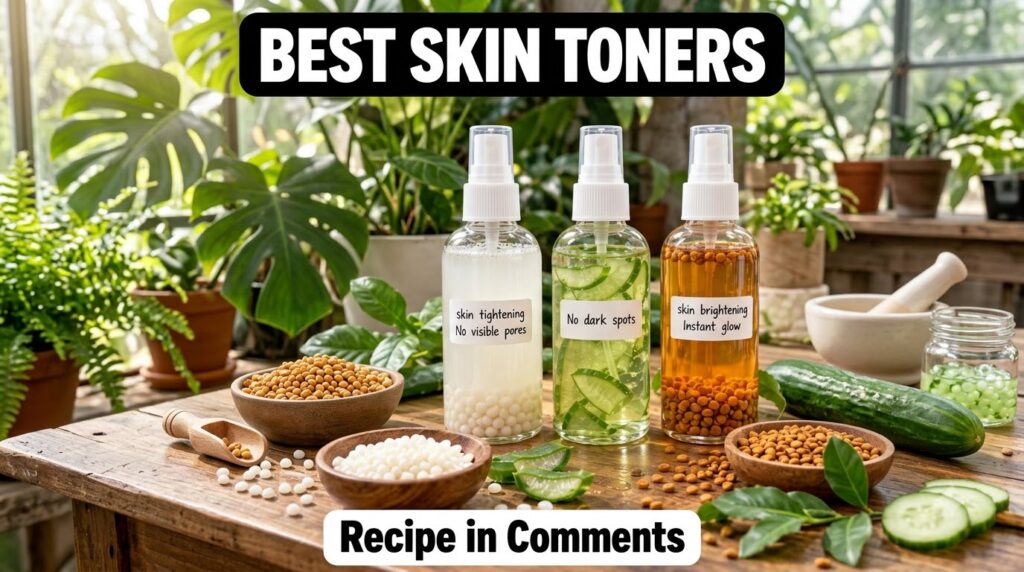 Three clear glass spray bottles of DIY skin toners against a blurred natural foliage background The third bottle on the 
