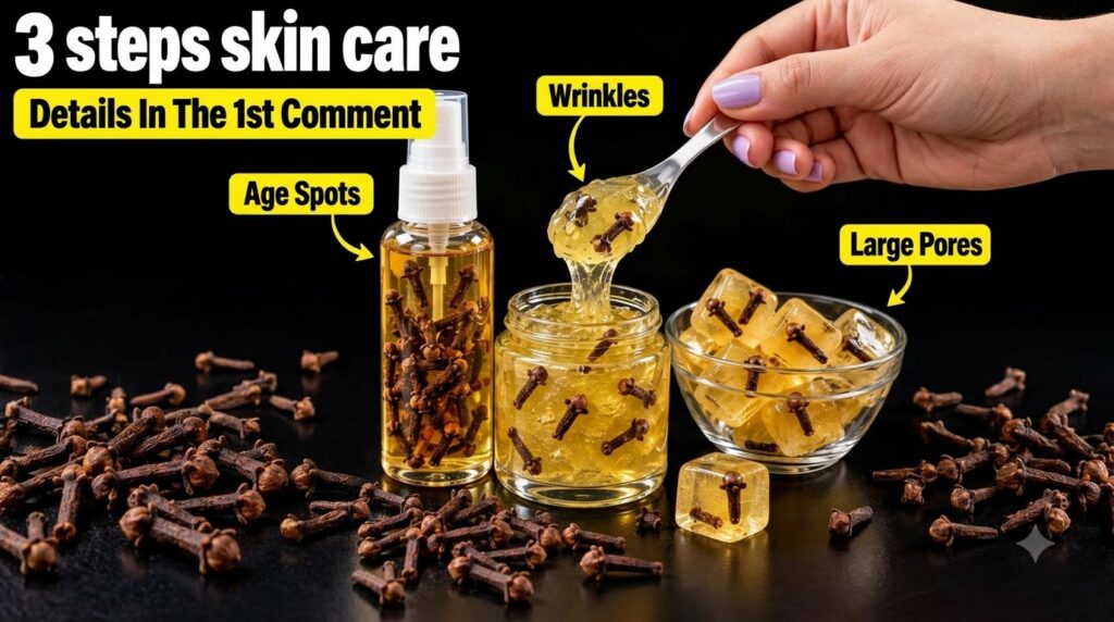 A beautiful flat lay of three clove-infused natural skincare products a spray bottle of oil a jar of gel being scooped a