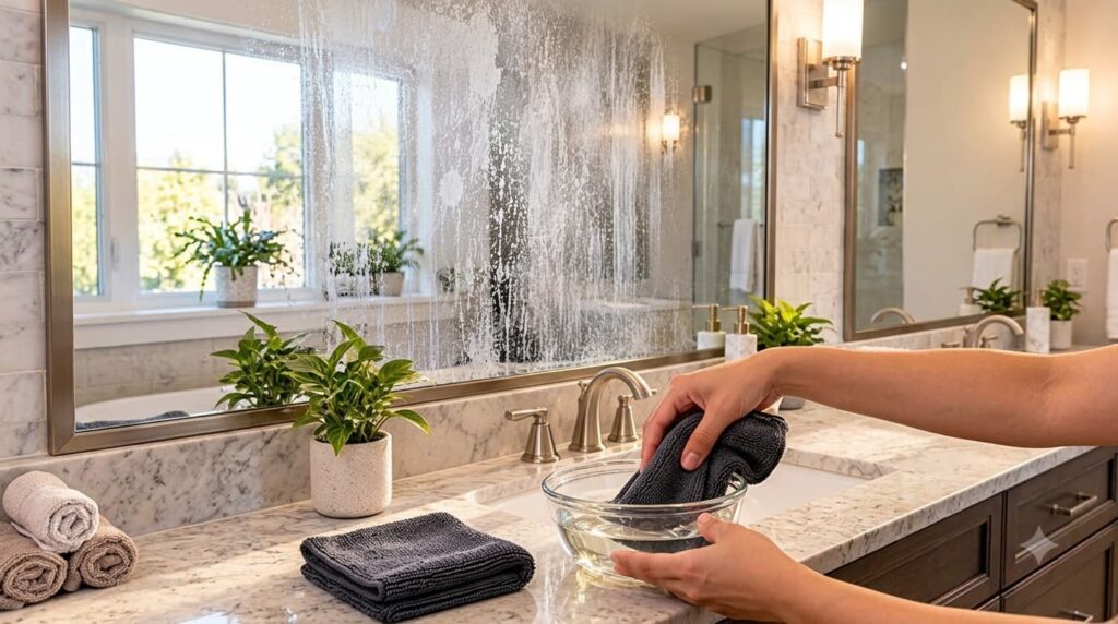 A person s hands dipping a dark grey microfiber cloth into a clear glass bowl of water on a bathroom vanity with a mirro