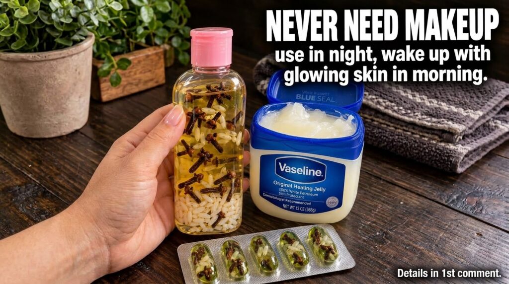 A hand holding a bottle of infused baby oil with cloves and rice next to an open jar of Vaseline green capsules with clo