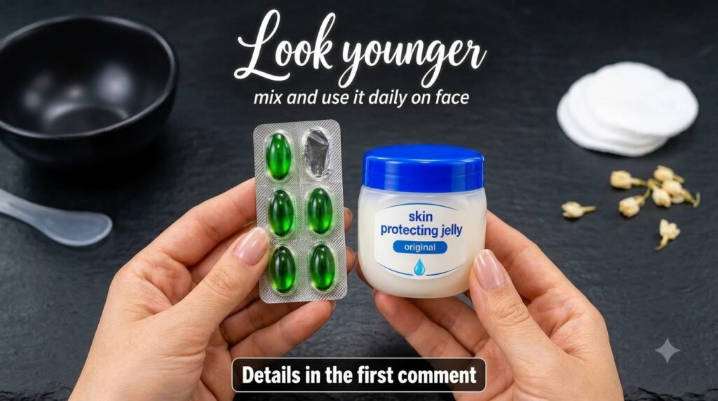 A pair of hands gently holding various natural beauty ingredients and packaged products such as a jar of skin jelly and 