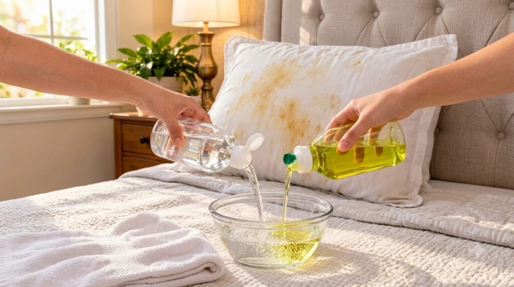 Hands pouring a clear liquid and a yellow liquid into a glass bowl with a stained white pillow blurred in the background