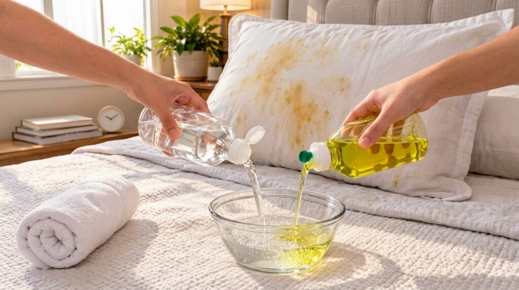 Hands pouring hydrogen peroxide and dish soap into a glass bowl with a stained pillow in the background