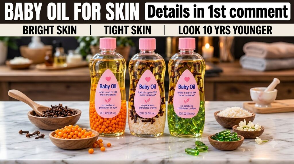 Three clear bottles of baby oil each infused with different natural ingredients like orange capsules rice grains green c