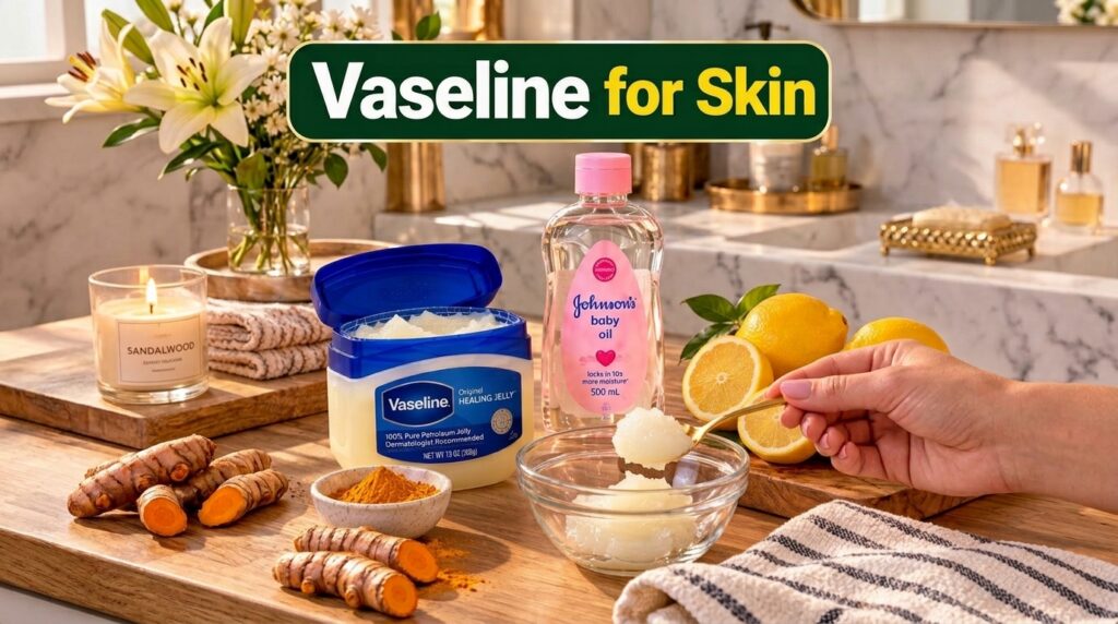 A close-up of a homemade beauty scrub in a glass bowl with a hand scooping it out Around it are natural ingredients like